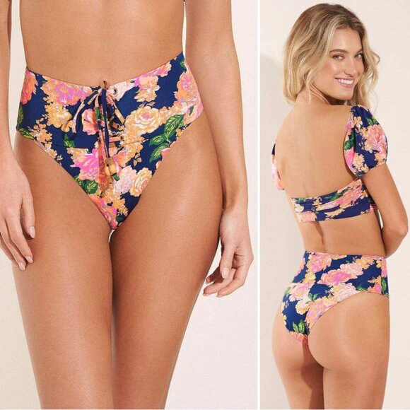 Maaji Peony Applause High Rise Leg Lace up BIKINI BOTTOM Sz M Cheeky Floral NEW - Picture 1 of 8
